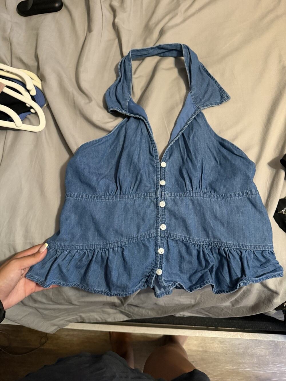 Hollister Women’s Blue Halter Backless Button Front Ruffle Hem Tank Top S
